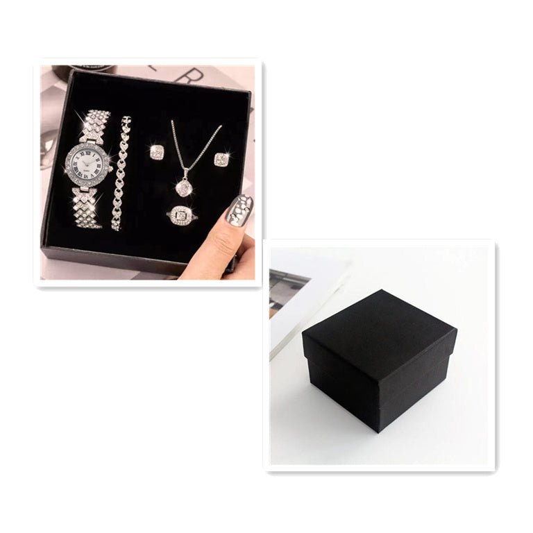 Lyxigt presentset för kvinnor med diamantdetaljerad kvartsklocka och matchande smycken.