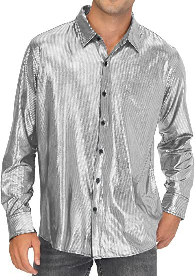 Camisa abotonada casual de color liso con lentejuelas para hombre