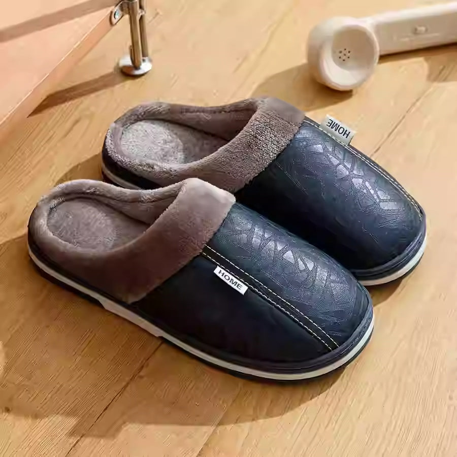 Pantuflas de interior de cuero PU, tallas grandes, impermeables, con pelo, planas