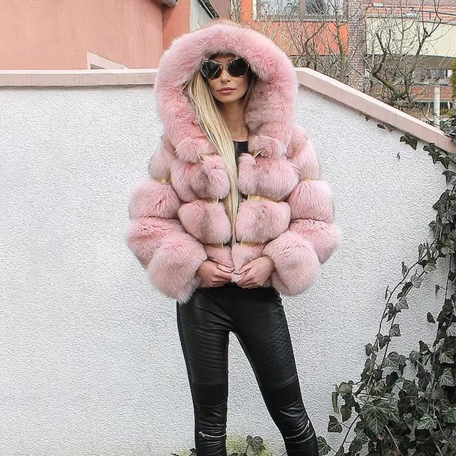 Women's Minimalist Hooded Patchwork Fur Grass Jacket