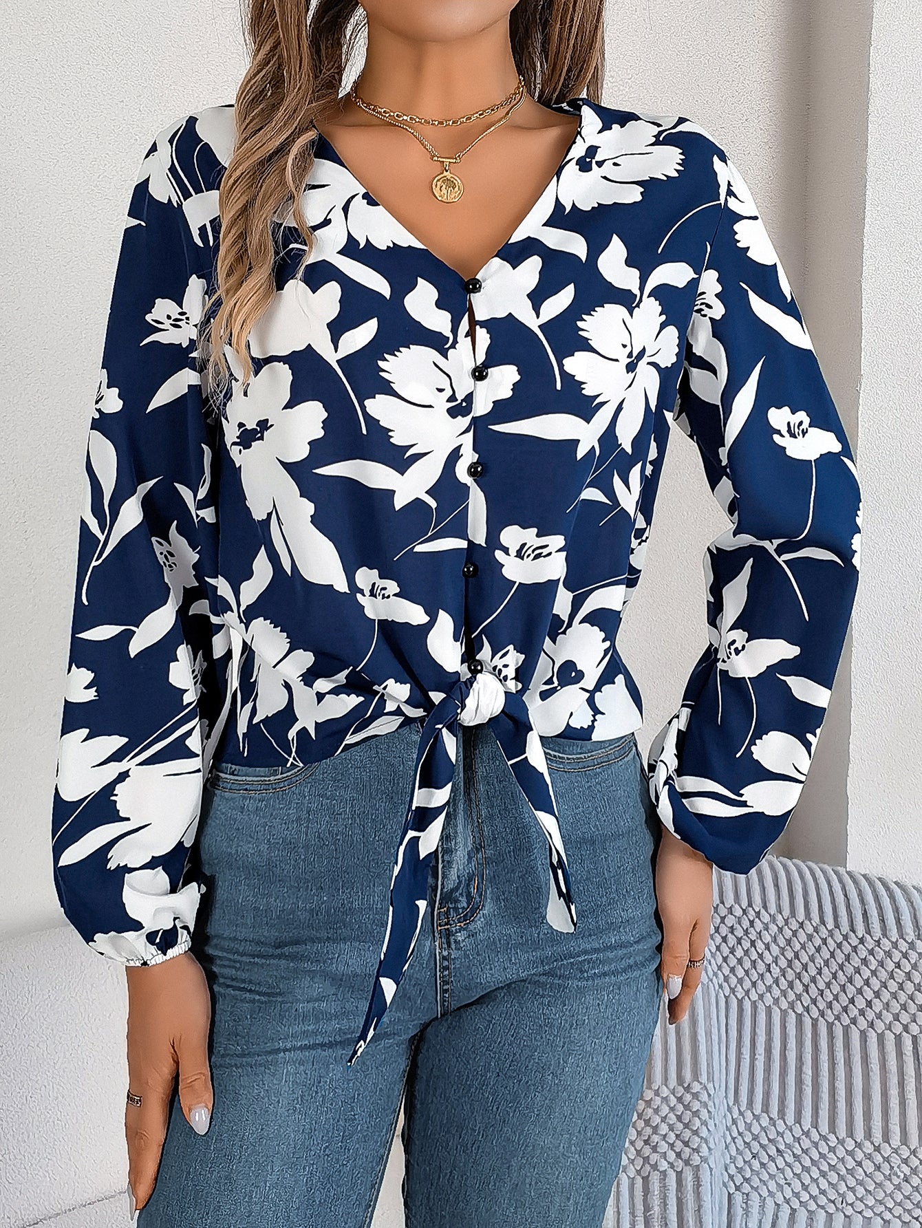 Top de gasa para mujer con estampado floral, mangas farol, bloques de color y cintura ajustable con lazo