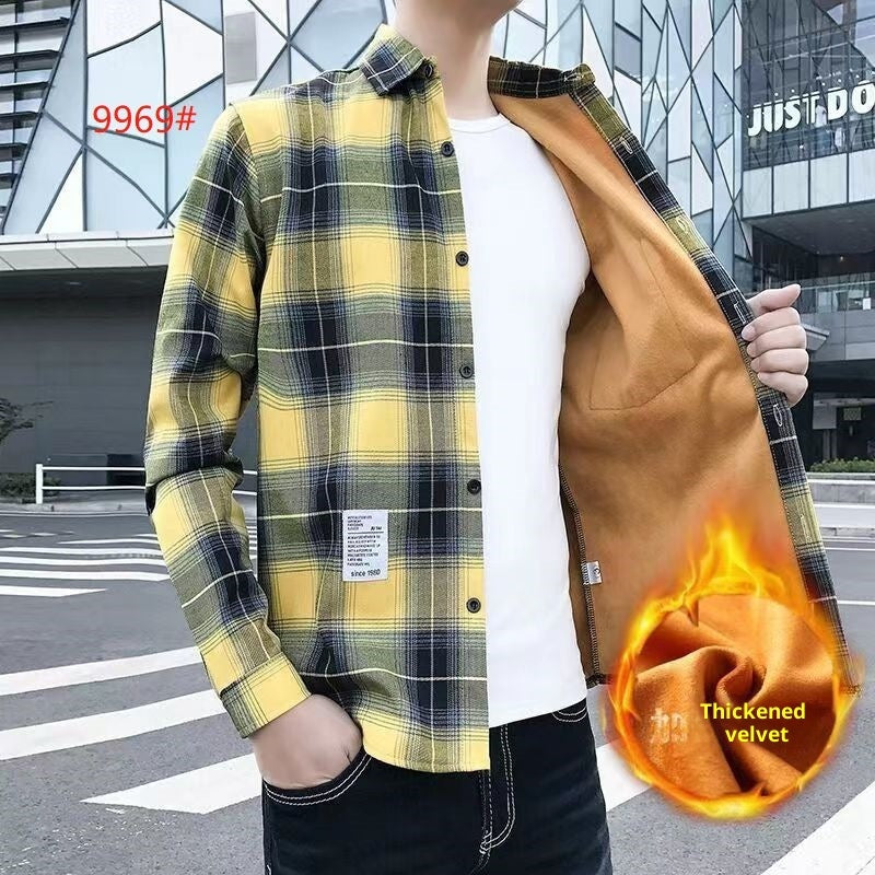 Camisa de manga larga para hombre de cuadros, engrosada y forrada de fleece para invierno