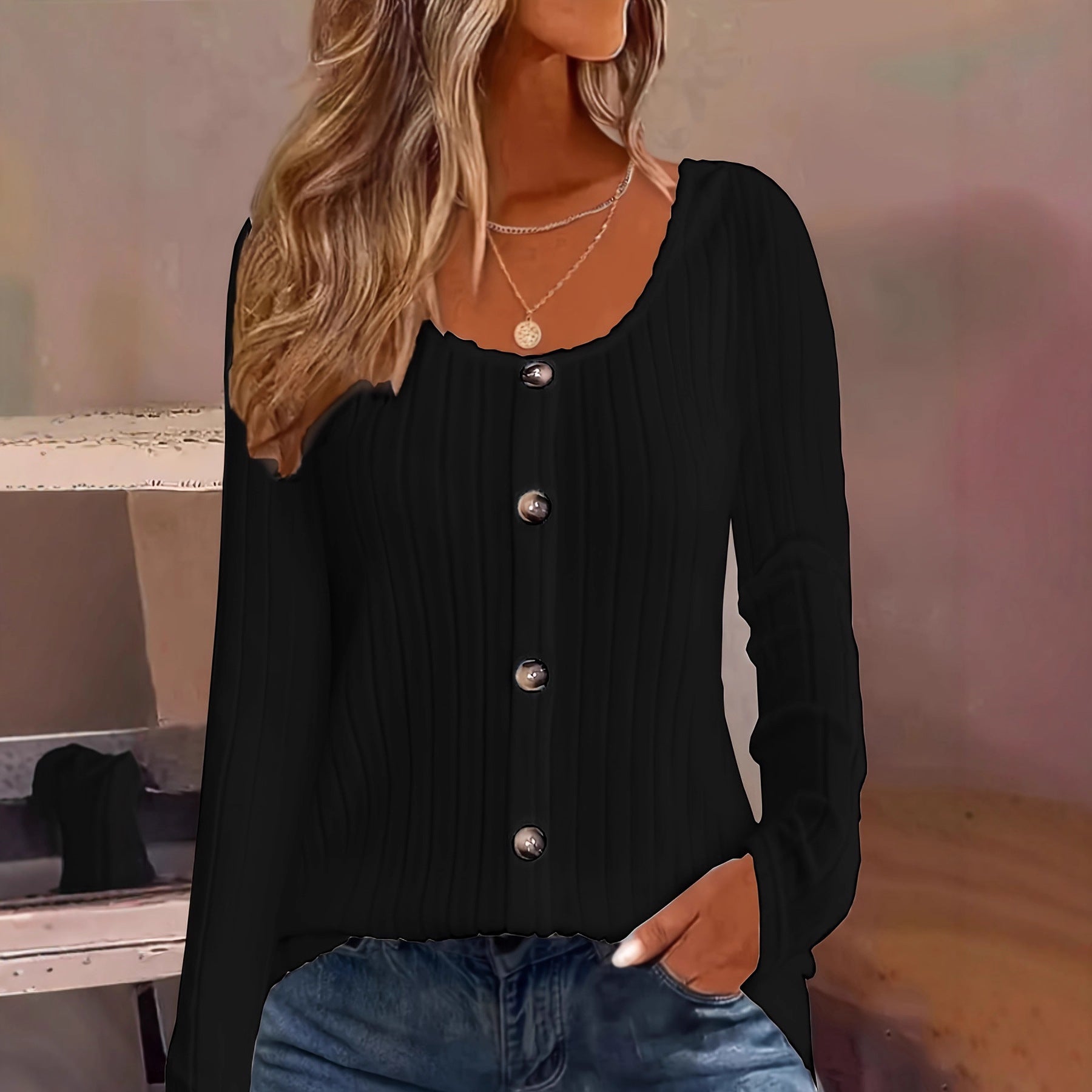 Resorineulottu Pyöreä Pääntie Napitettava Rento Pitkähihainen