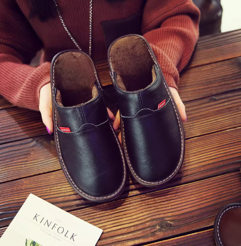 Pantuflas térmicas de algodón de cuero genuino para pareja, de piel de vaca, impermeables