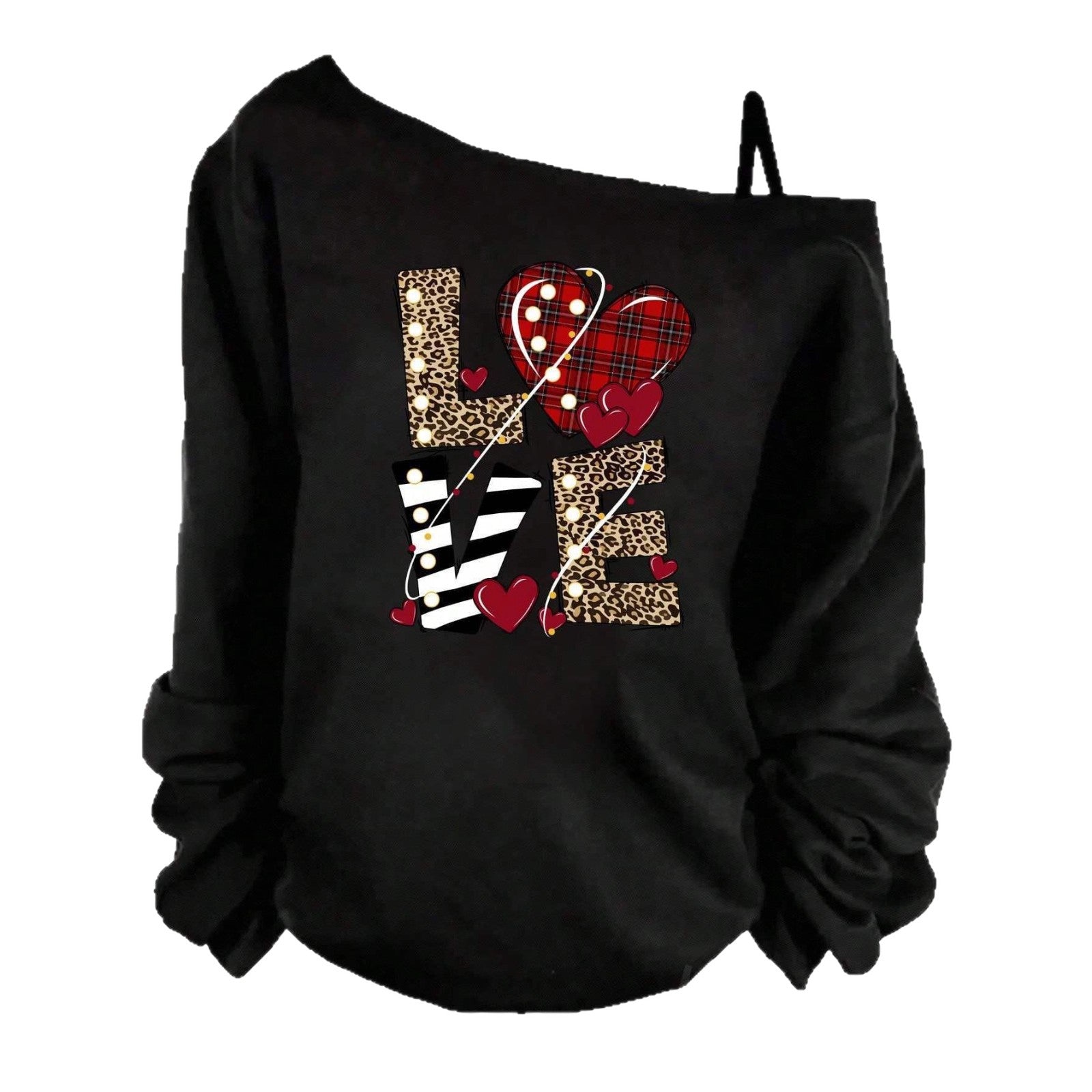 Letter Print Off-shoulder Asymmetric Loose Long Sleeve Top