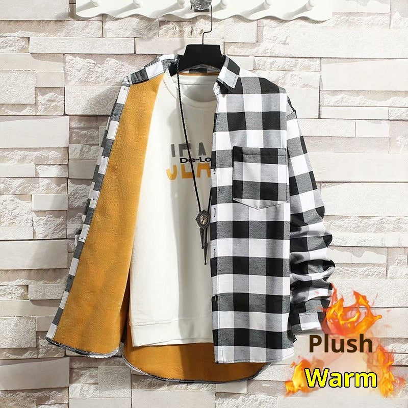 Camisa de manga larga para hombre de cuadros, engrosada y forrada de fleece para invierno