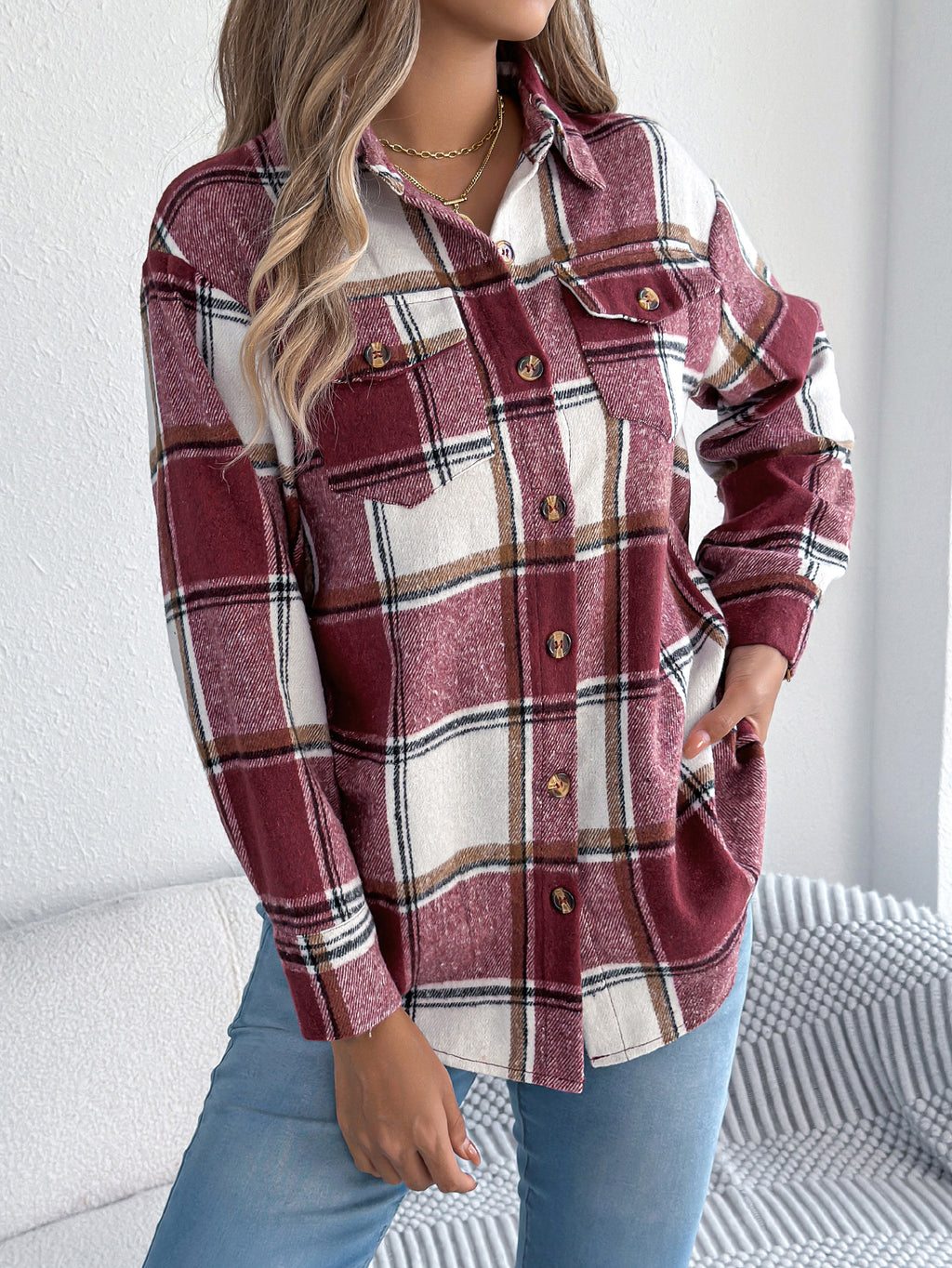 Abrigo de tweed de longitud media para mujer, informal, de cuadros, con bolsillos falsos y manga larga