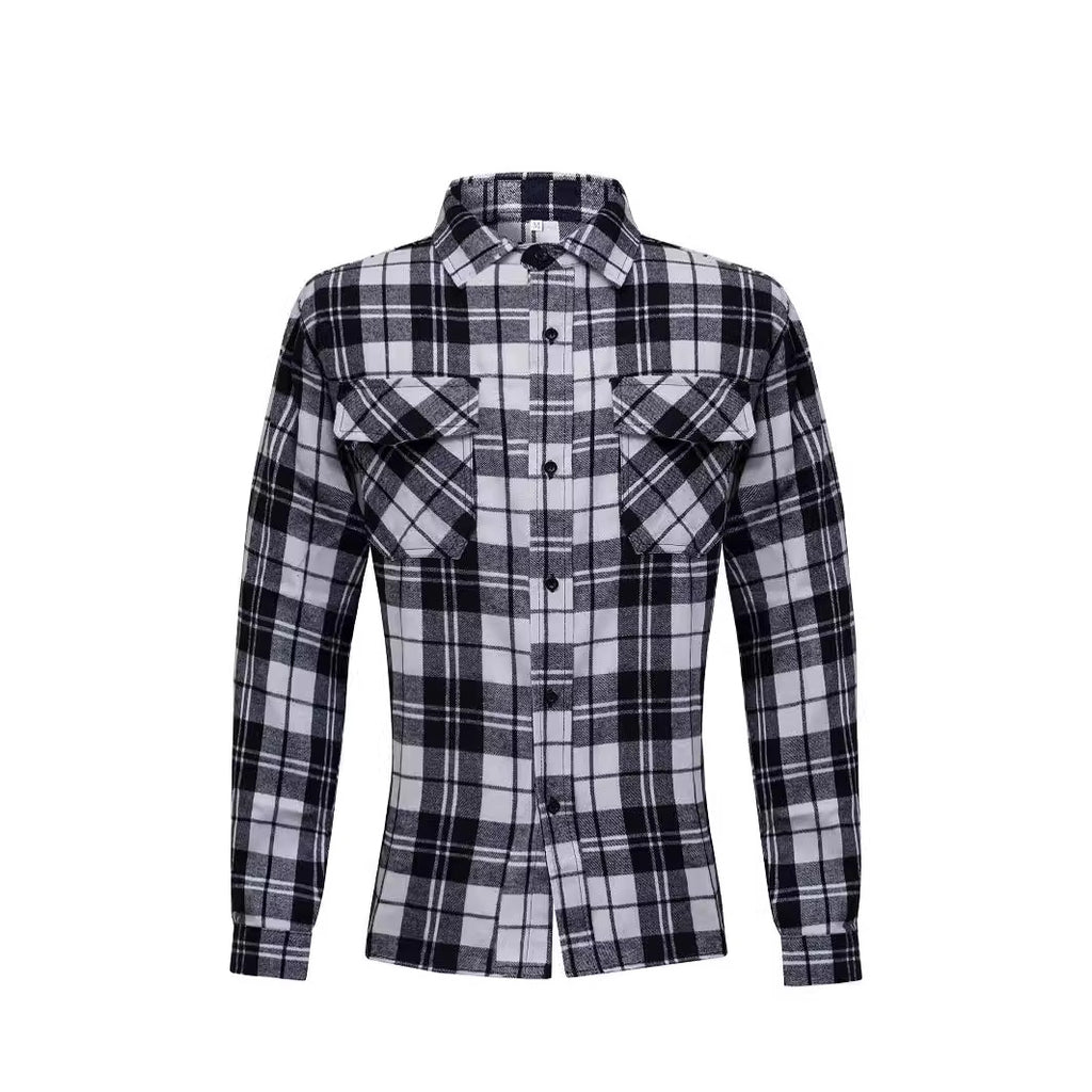 Camisa Fashion de Manga Longa com Gola Lapela e Xadrez