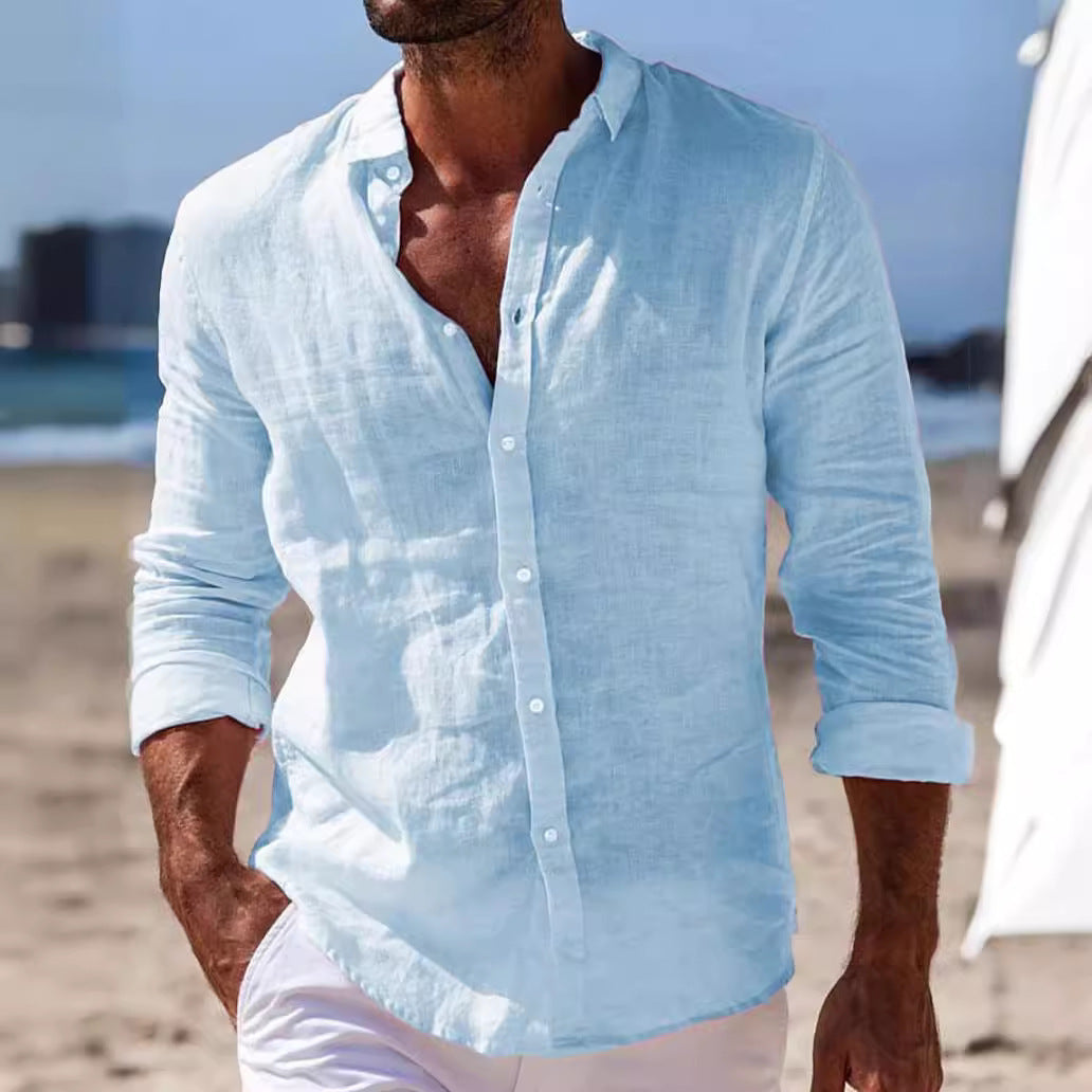 Camisa informal de algodón y lino de color liso para hombre