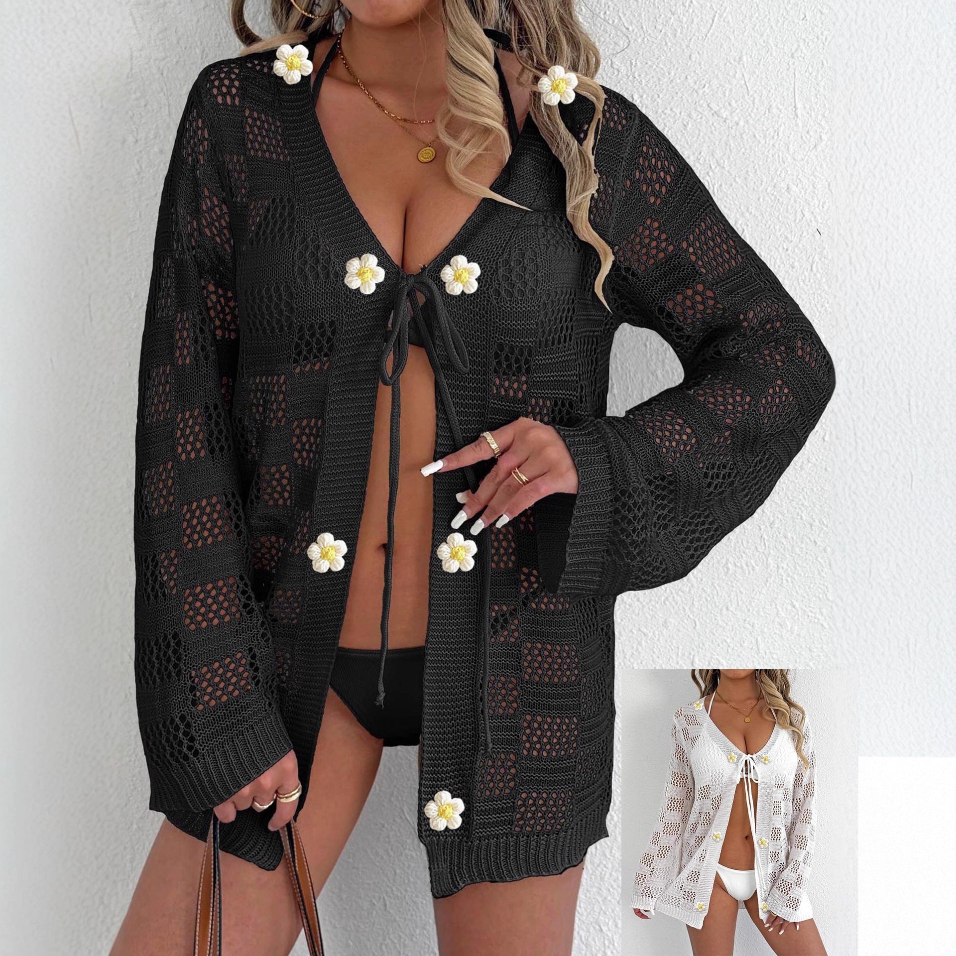 Cárdigan para mujer, suéter de punto máquina, hueco, manga larga, protección solar, cubre bikini, chaqueta de playa con lazo