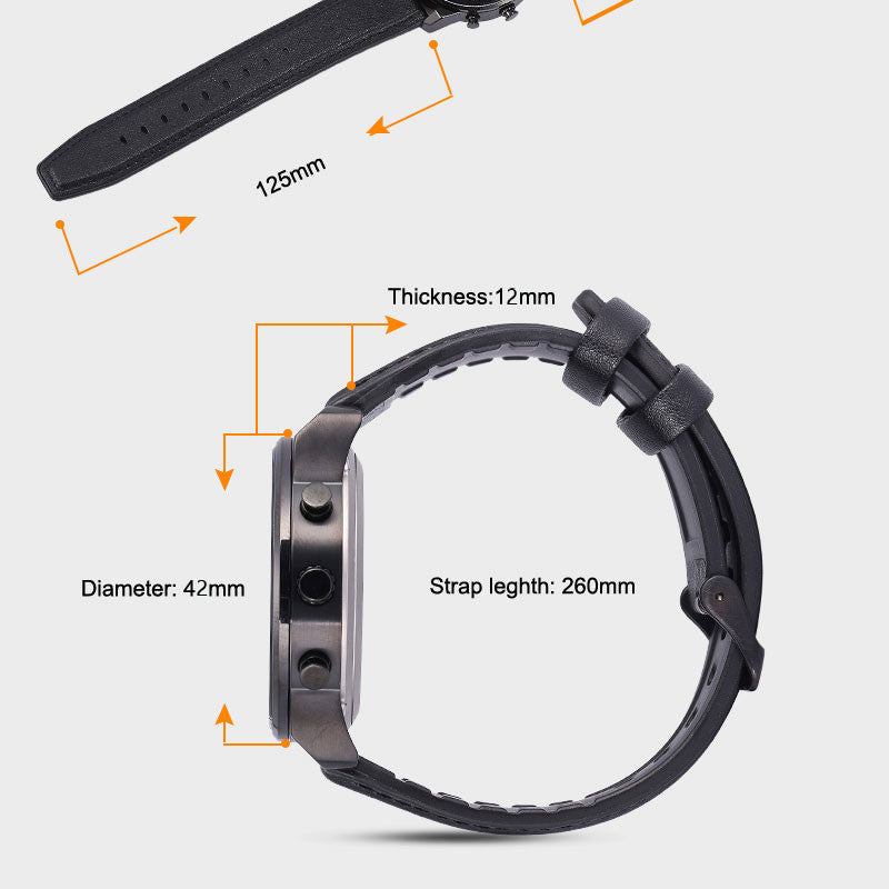 Multifunktionell herrklocka med barometer, kompass och termometer, utformad för fiske, friluftsliv och utomhusbruk.