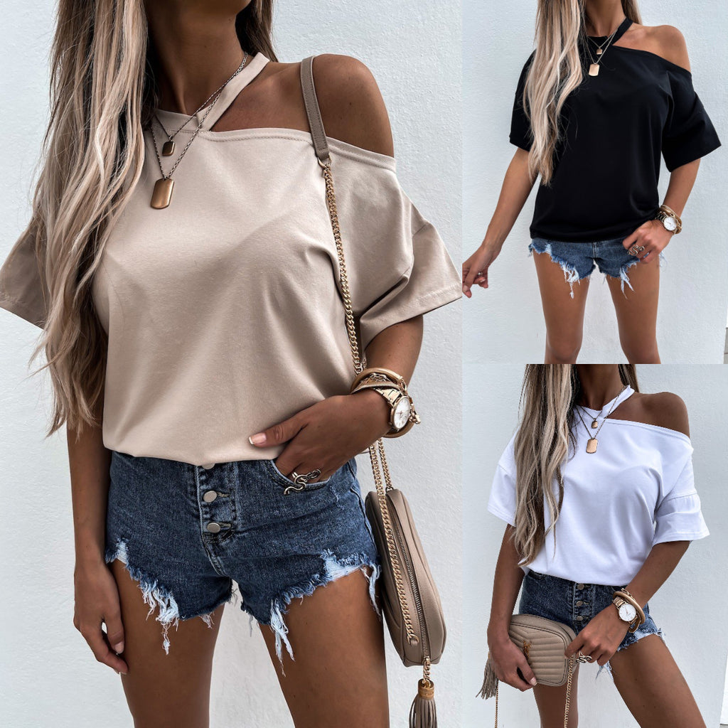 Damen-Top mit einfarbigem Patchwork-Muster, schulterfrei und Rundhalsausschnitt