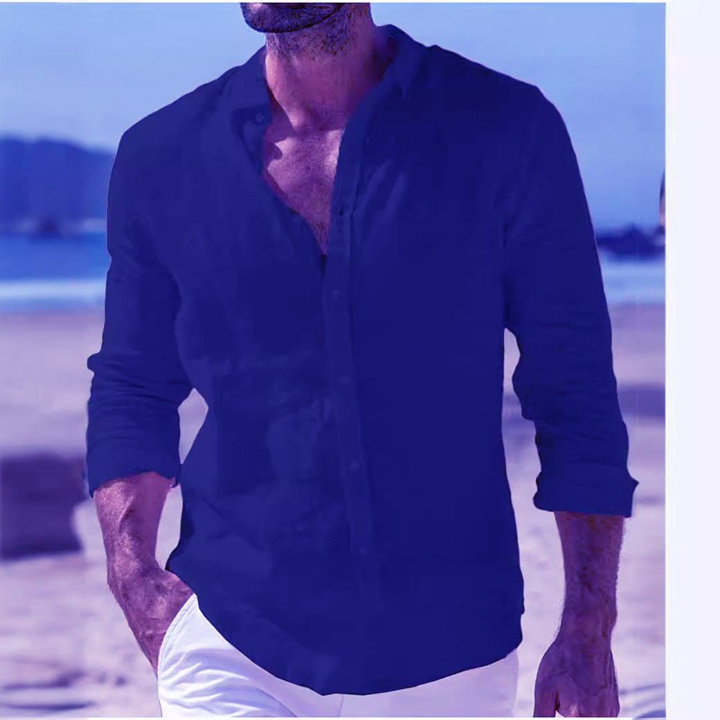 Camisa informal de algodón y lino de color liso para hombre