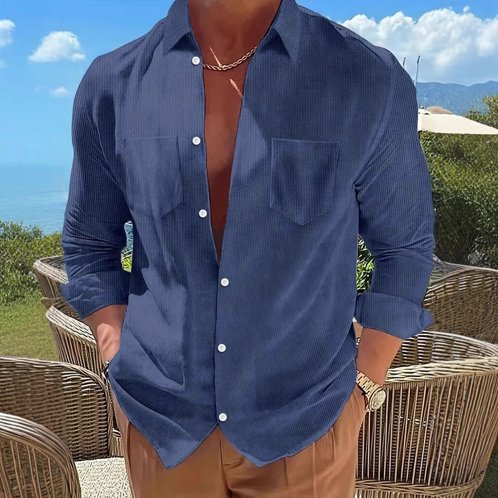 Vertical Striped Long-Sleeve Solid-Color Casual Shirt