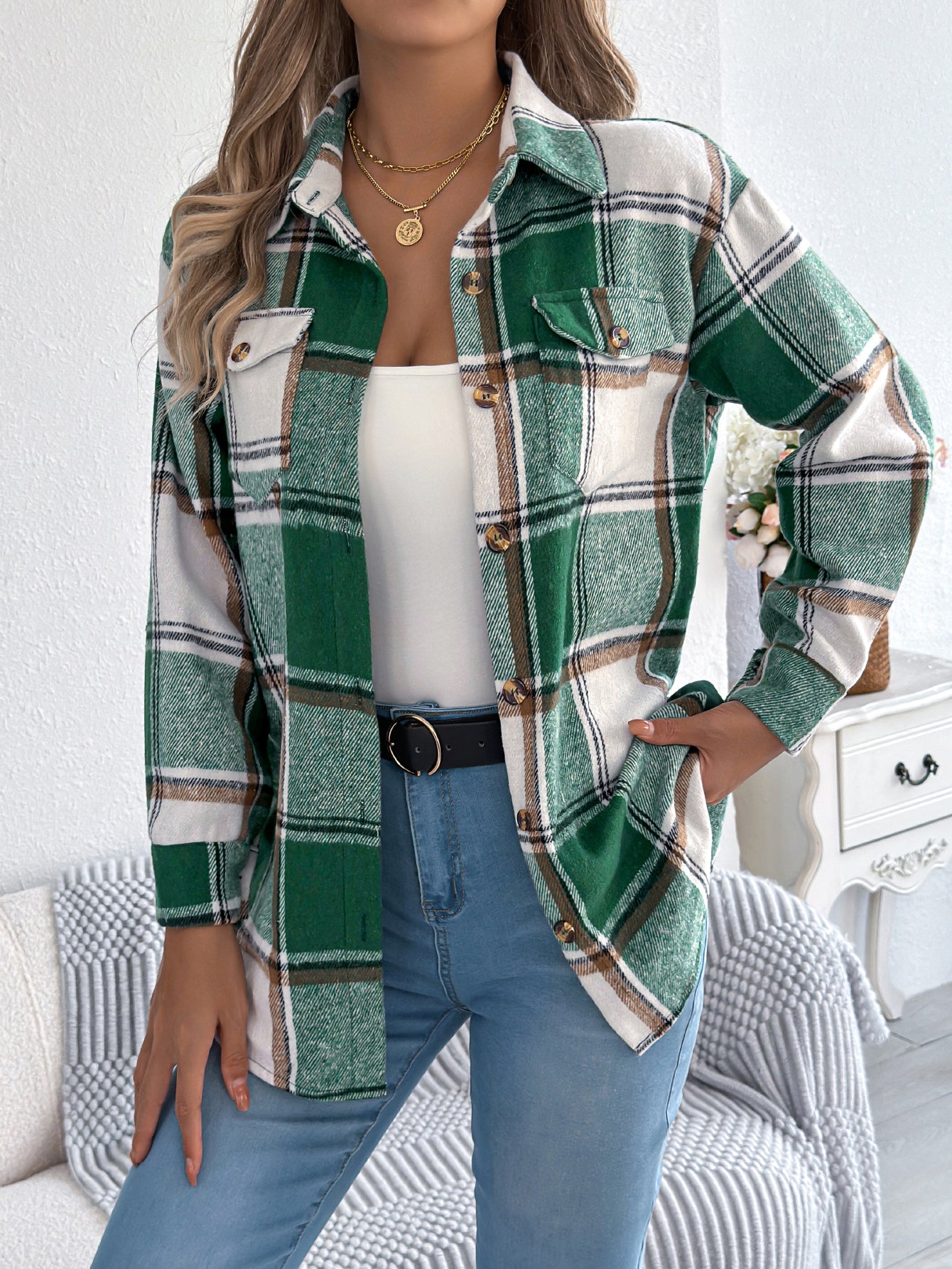 Abrigo de tweed de longitud media para mujer, informal, de cuadros, con bolsillos falsos y manga larga