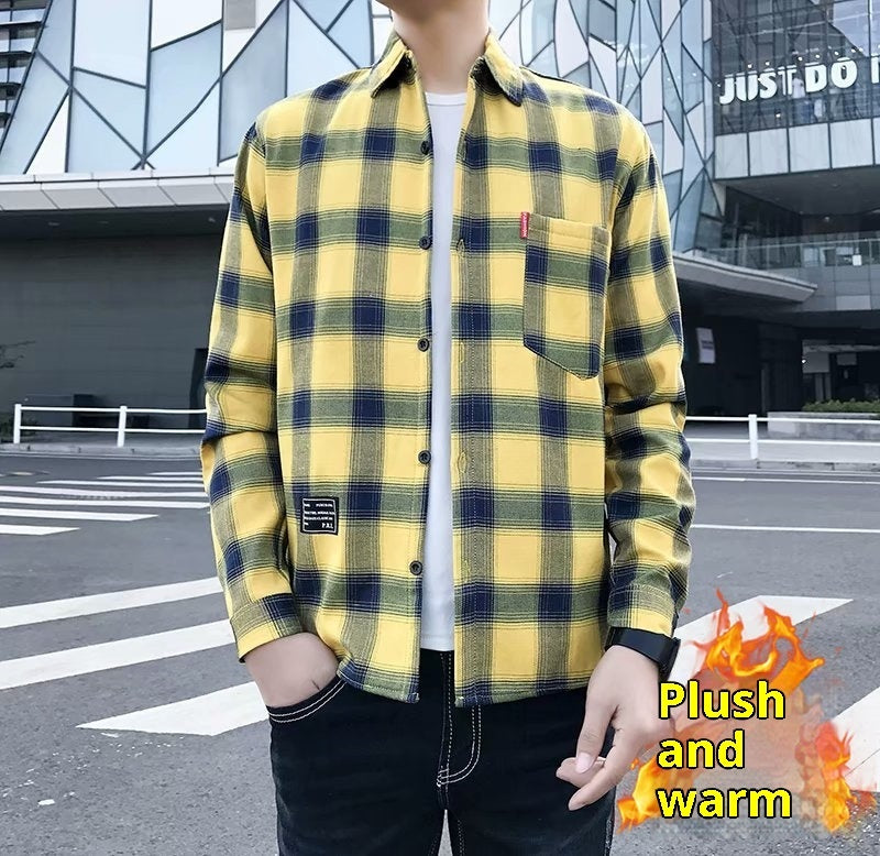 Camisa de manga larga para hombre de cuadros, engrosada y forrada de fleece para invierno
