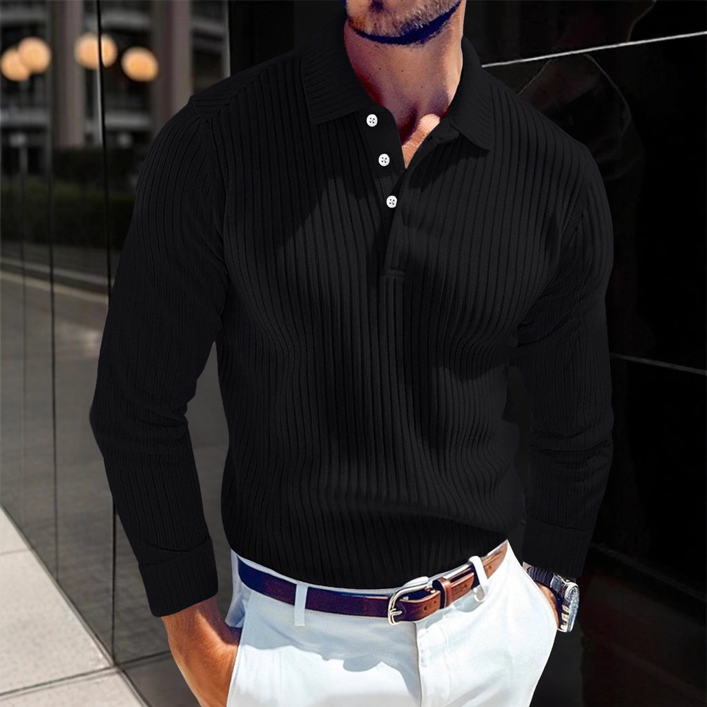 Men's T-Shirt with Turn-Down Collar, Buttoned Long-Sleeve Polo Shirt