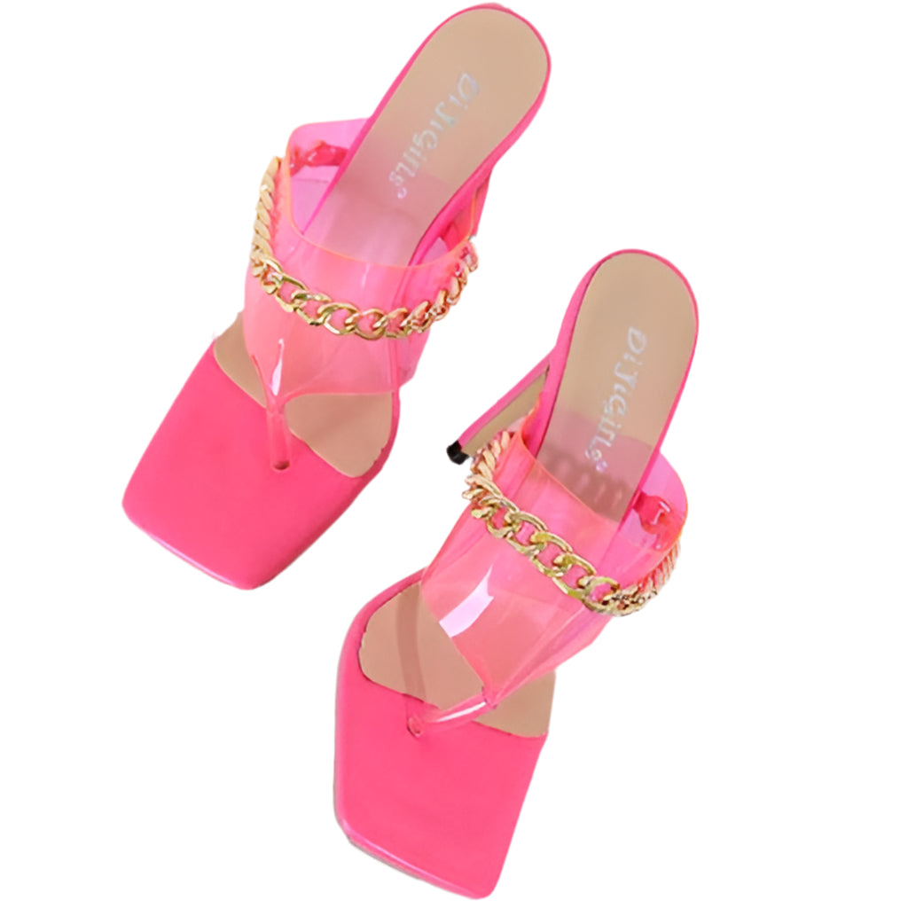 Damen-Sandalen mit eckiger Zehenpartie, PVC-Kette und Stilettoabsatz für Bankett