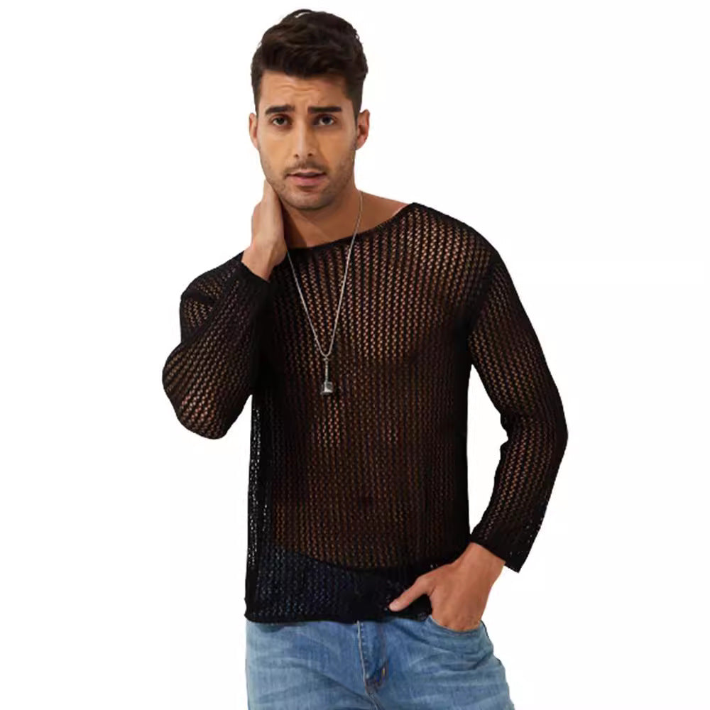 Camiseta de manga larga de color liso y transparente para hombre, top de punto fino
