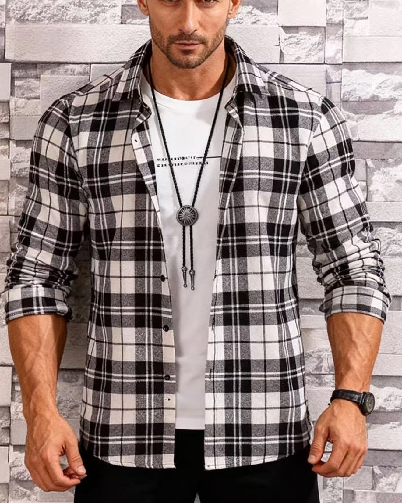 Camisa casual de manga larga a cuadros para hombre joven