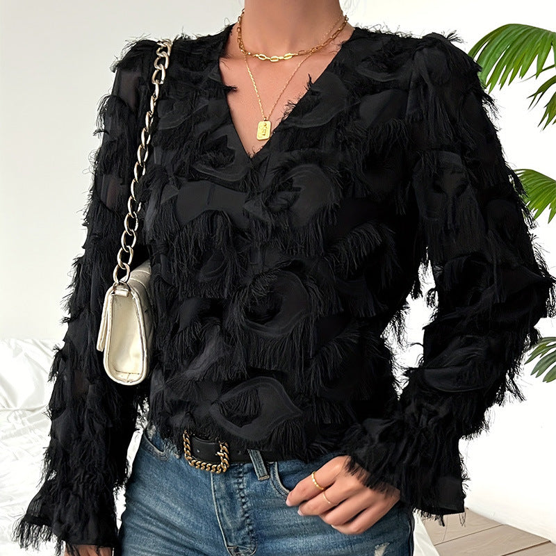 Niche Design Löysä Höyhenhapsuinen Pitkähihainen Toppi