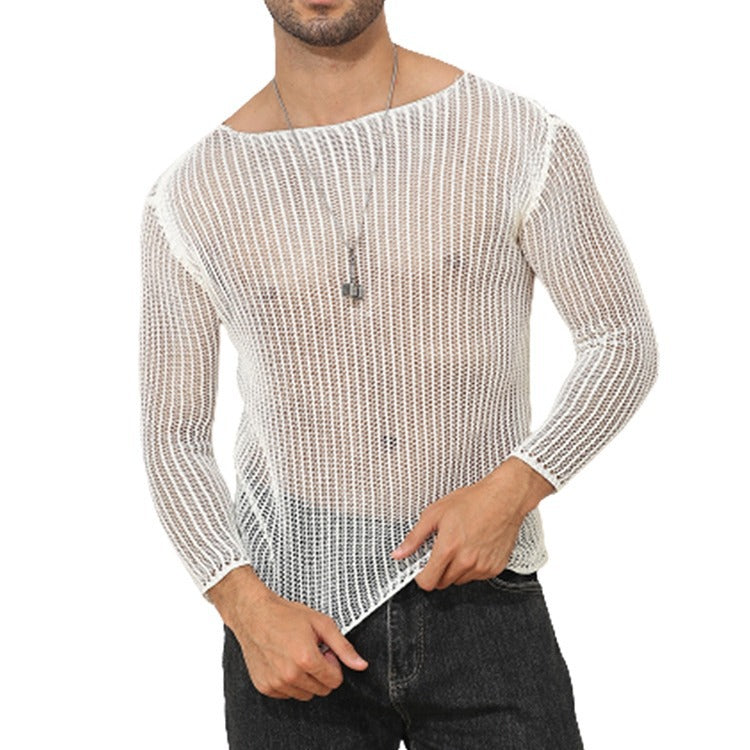 Camiseta de manga larga de color liso y transparente para hombre, top de punto fino