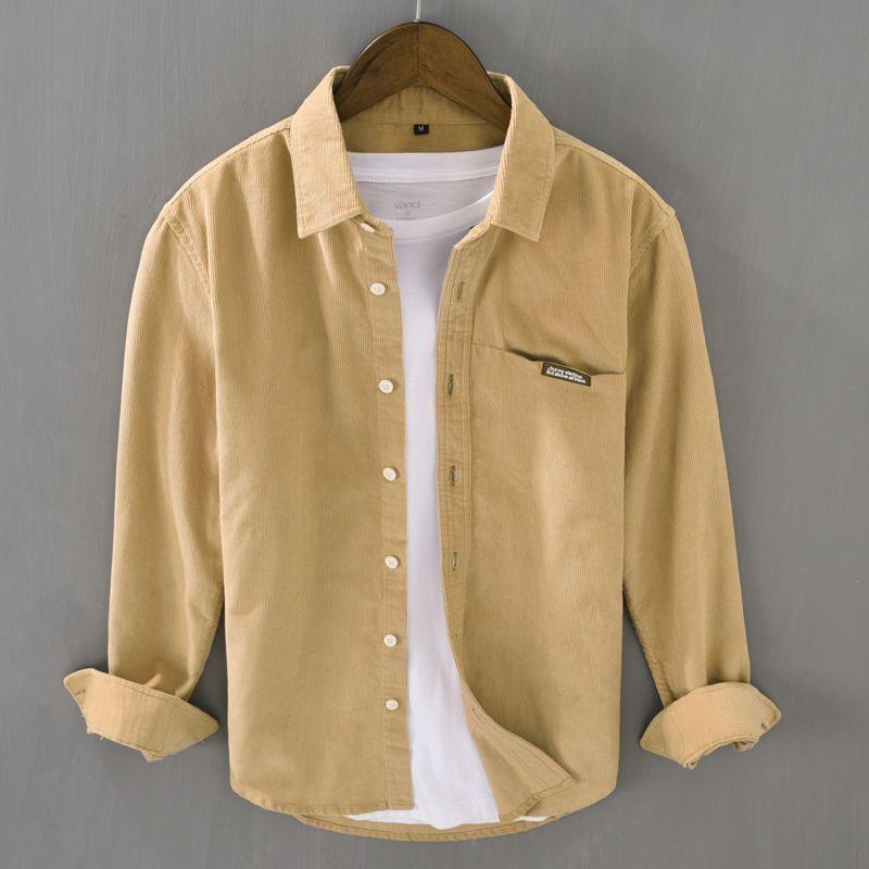 Camisa masculina de veludo cotelê lisa, manga longa, estilo japonês, para primavera e outono