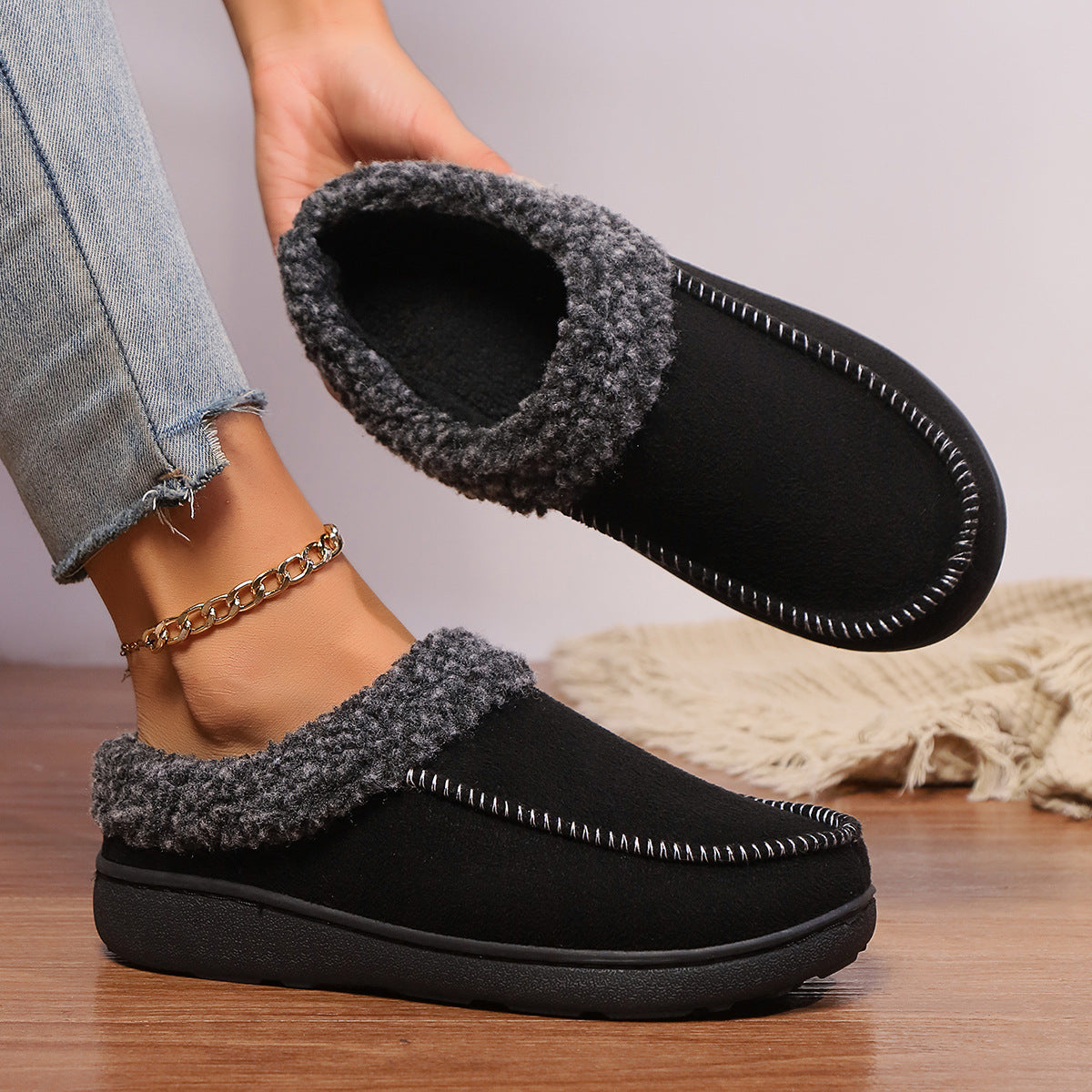 Zapatillas de algodón gruesas para casa, de otoño e invierno, con talón semicubierto