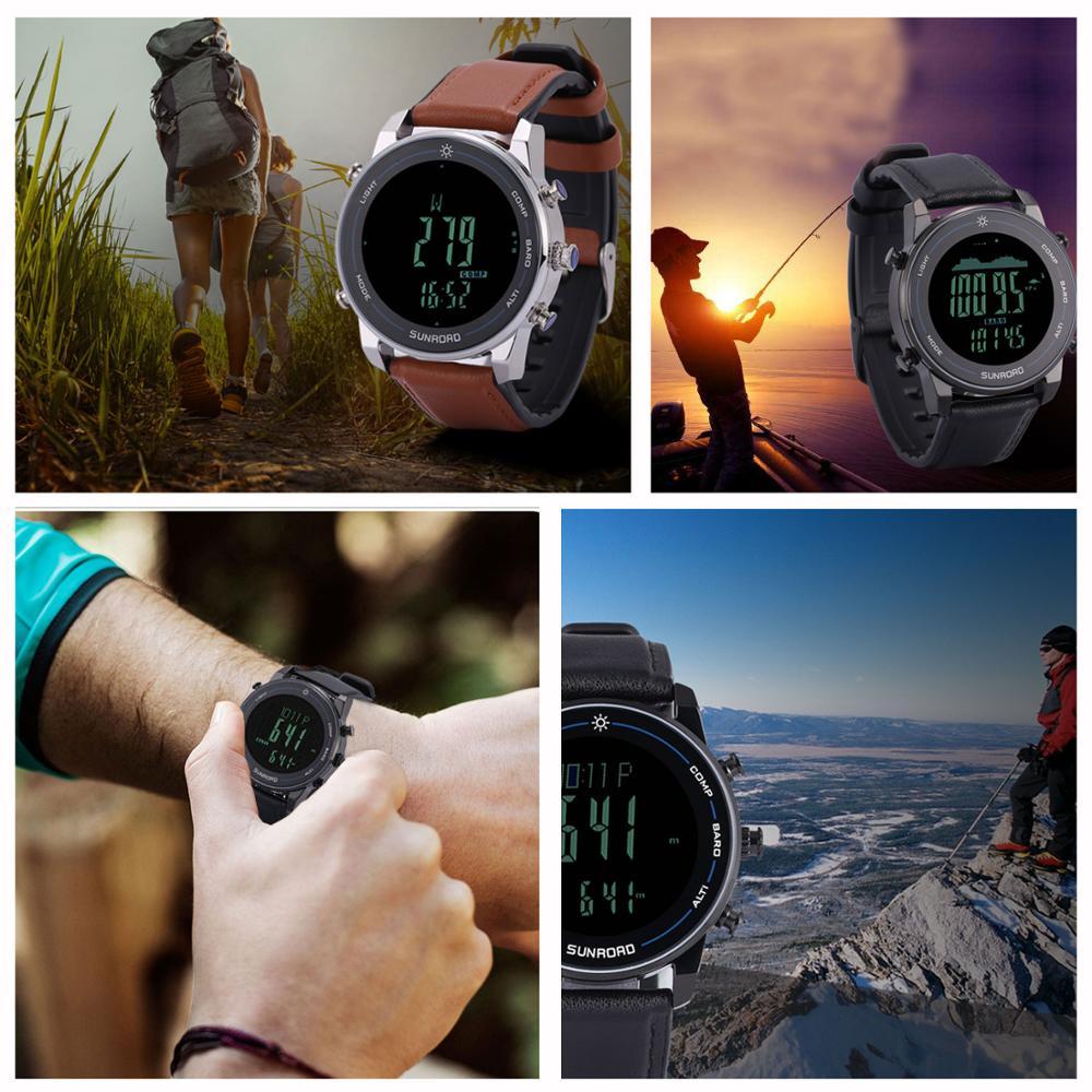 Multifunktionell herrklocka med barometer, kompass och termometer, utformad för fiske, friluftsliv och utomhusbruk.