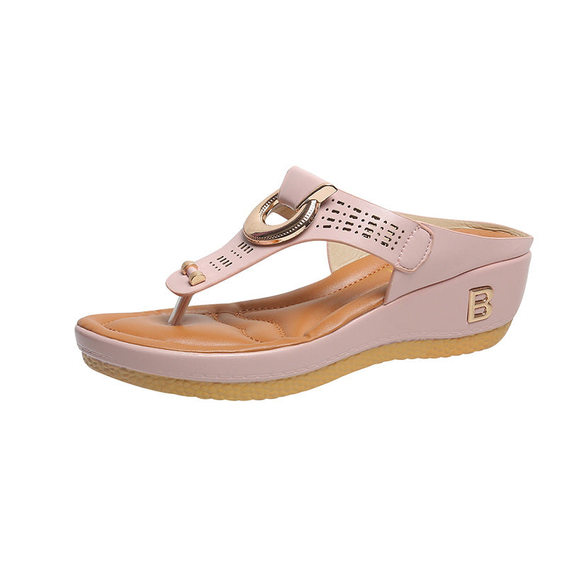 Sandalias tipo chancla con cuña y flor para mujer, talla grande, de playa