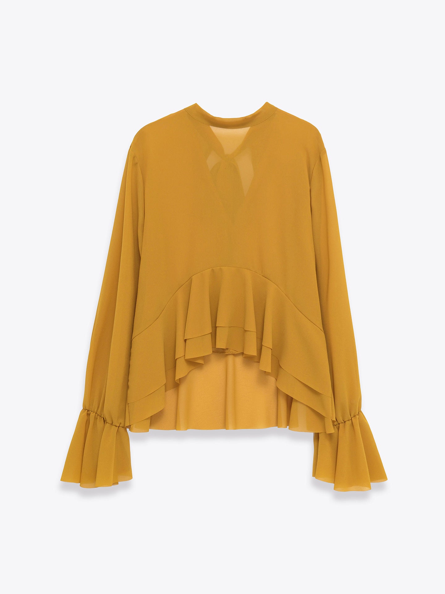 Elegante blusa de gasa con dobladillo fluido con volantes