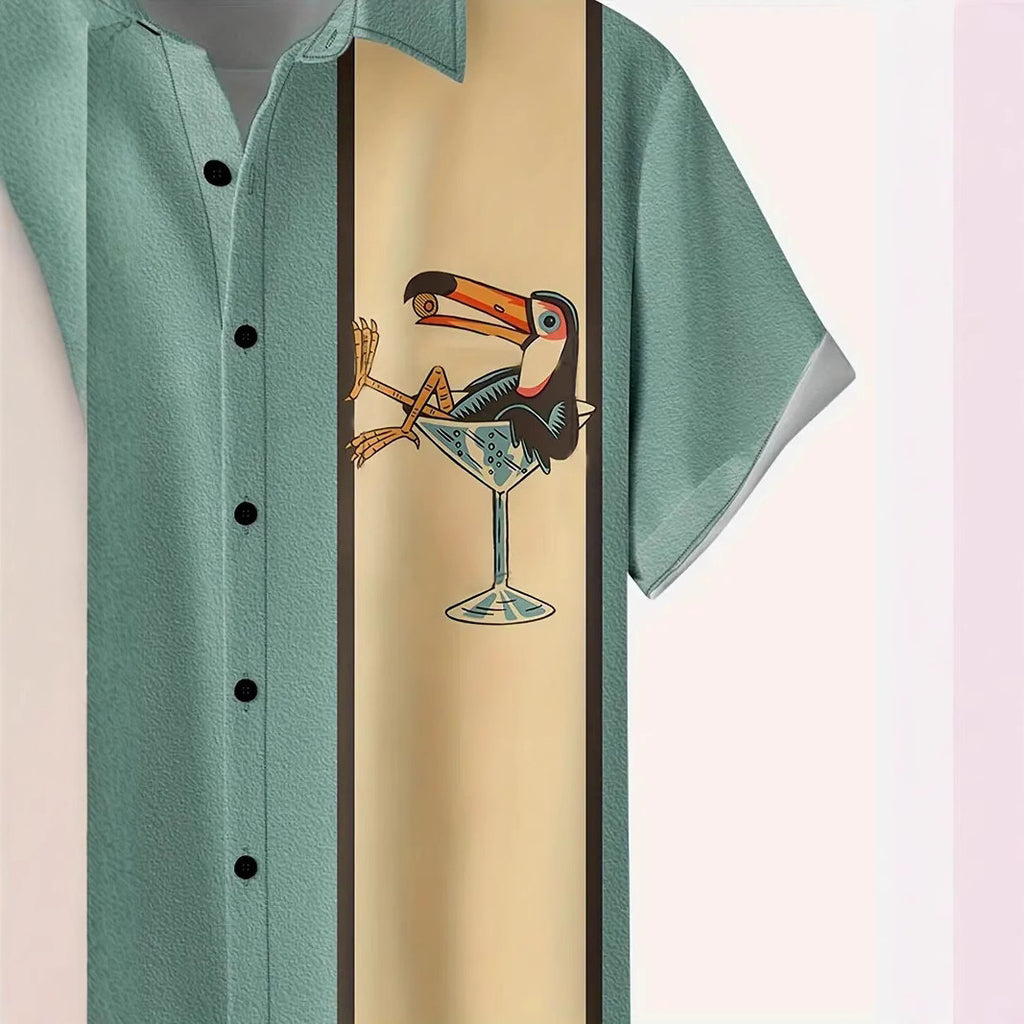 Camisa hawaiana de hombre de manga corta con estampado a rayas y hebilla
