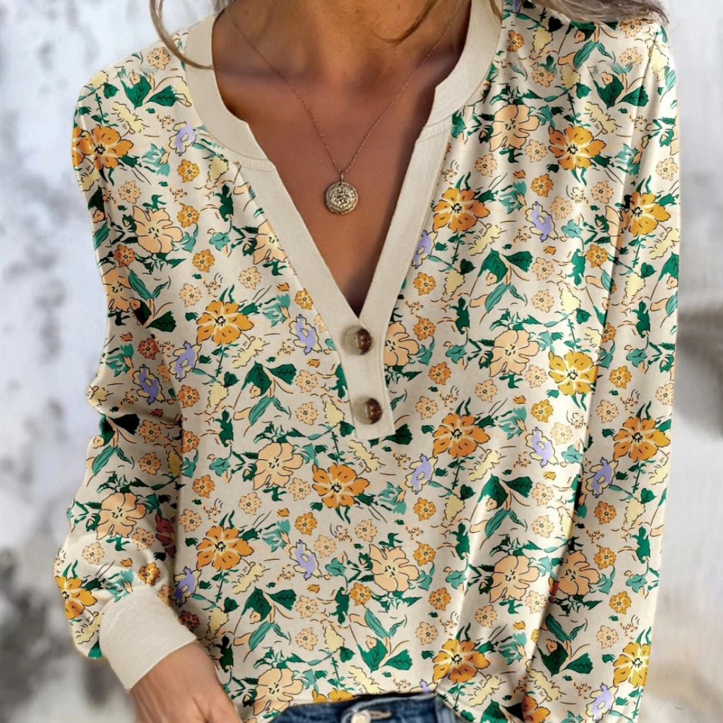 Top de manga larga con cuello en V con muesca, botones y estampado floral caqui