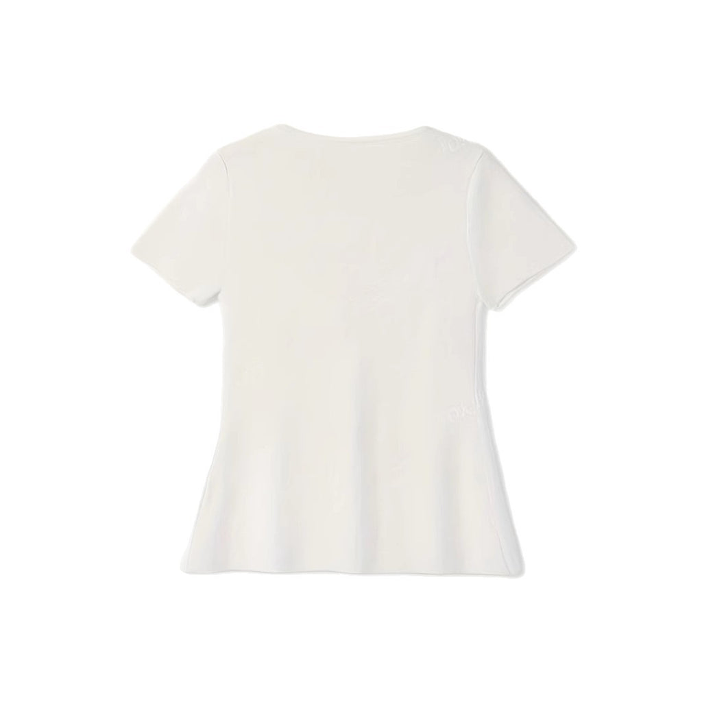 Damen-Kurzarmshirt mit Rundhalsausschnitt, Metallknopfdesign, einfarbig
