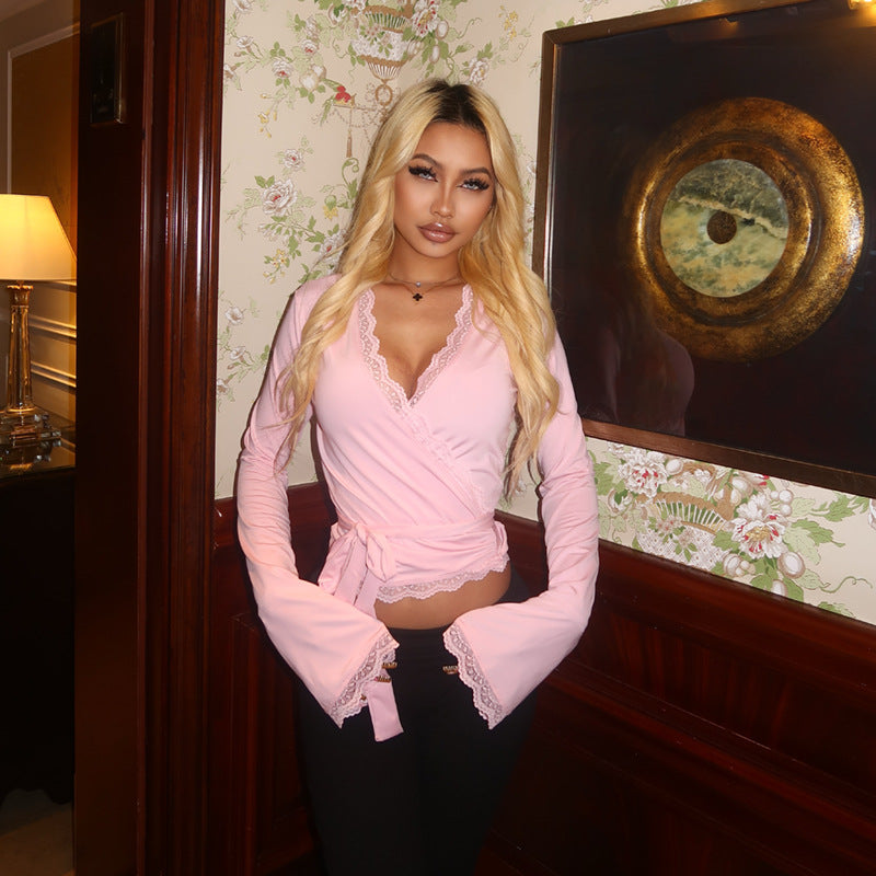 Top de manga larga para mujer, liso, con cuello en V, ribete de encaje y cordones, para San Valentín