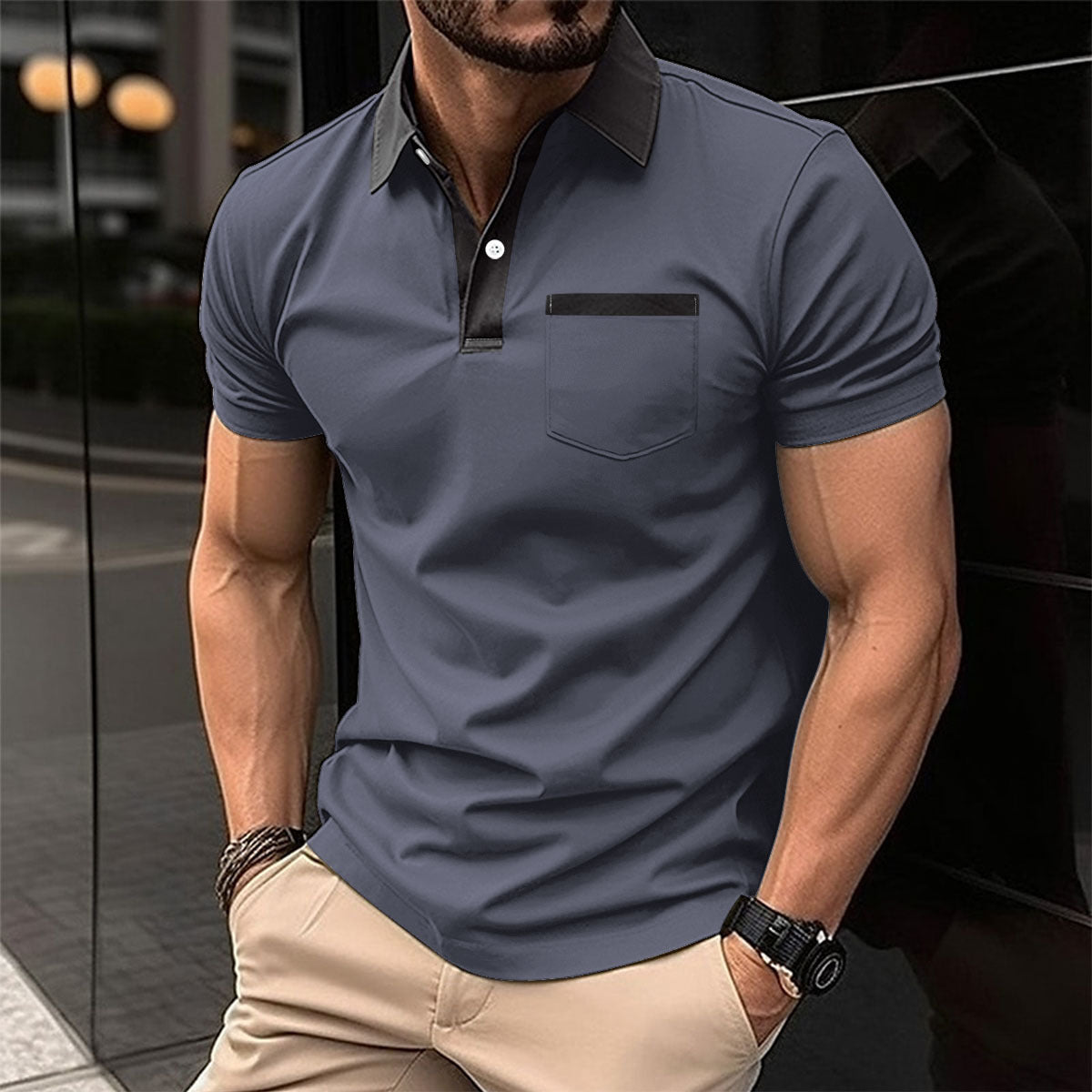 Camiseta polo de manga corta para hombre, ajuste slim, con bolsillo y cuello solapa