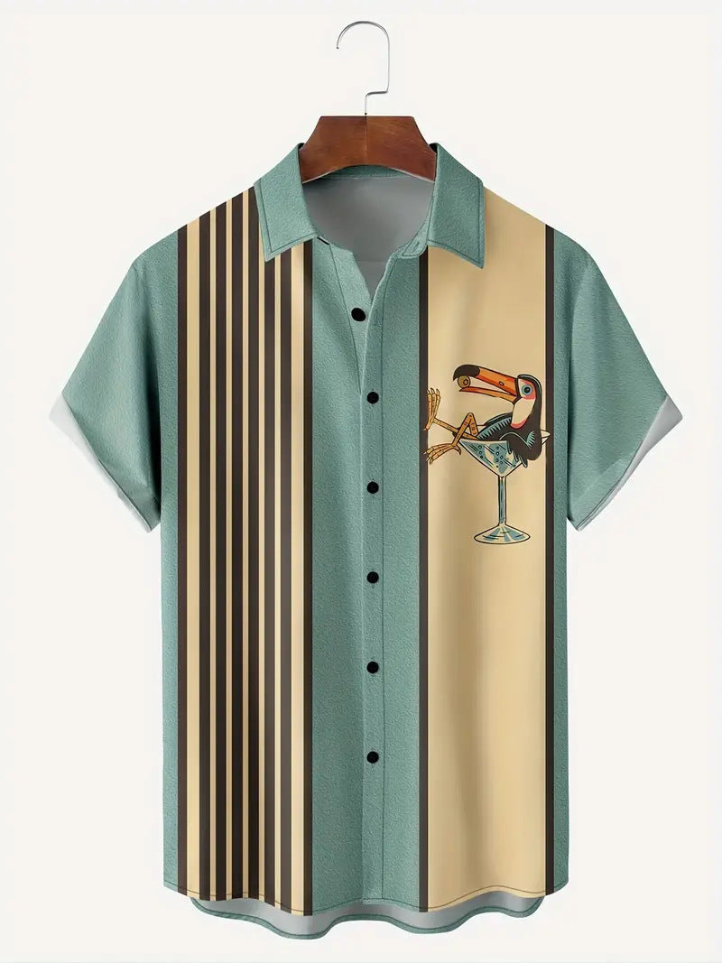 Camisa hawaiana de hombre de manga corta con estampado a rayas y hebilla
