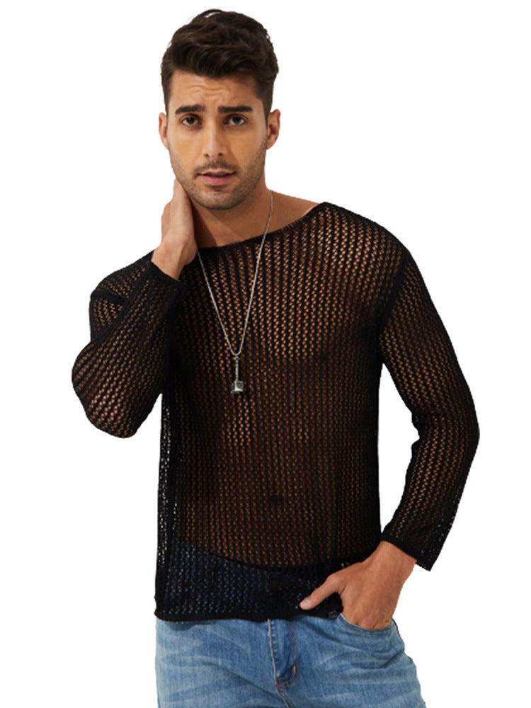 Camiseta de manga larga de color liso y transparente para hombre, top de punto fino