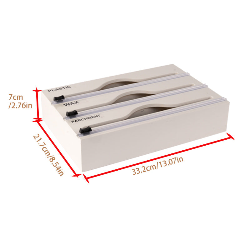 Organisateur 3 en 1 en bambou pour films avec coupeur et étiquettes, distributeur de film plastique, papier aluminium et papier ciré pour cuisine