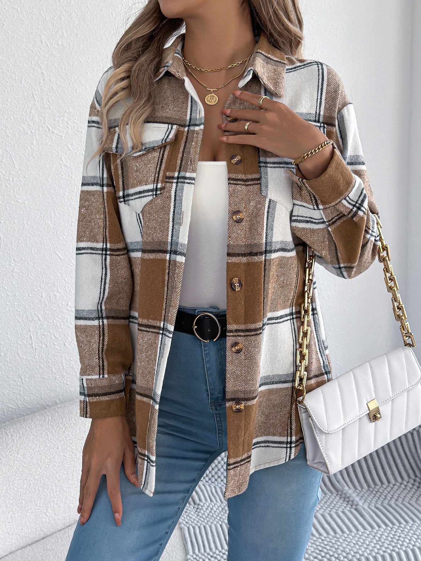 Abrigo de tweed de longitud media para mujer, informal, de cuadros, con bolsillos falsos y manga larga