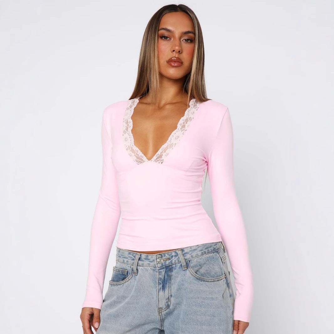 Solid Color V-neck Lace Trim Long Sleeve Fitted Top