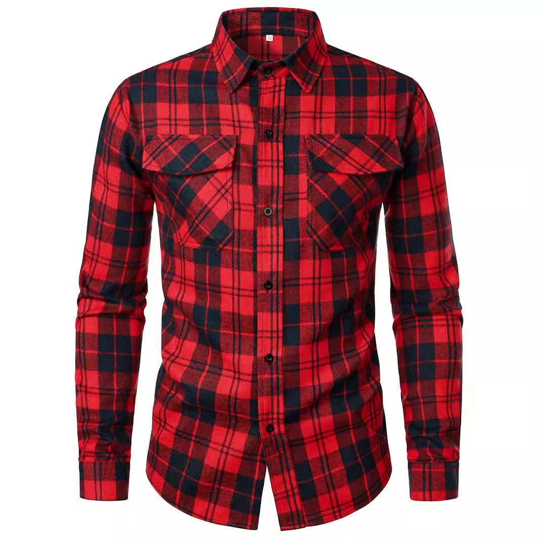 Camisa moderna de manga larga con cuello solapa y cuadros