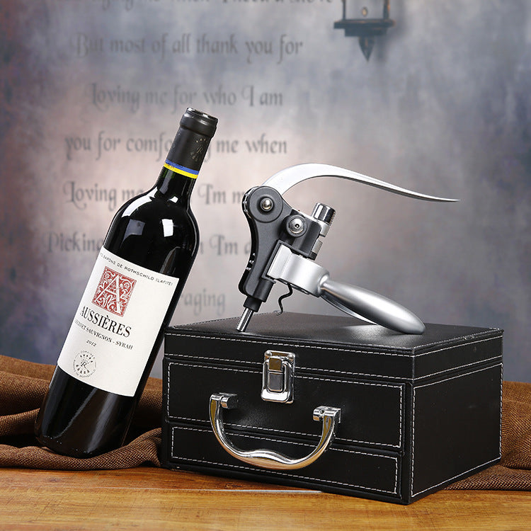 Weinset in Lederbox mit Schublade, Holzbox-Verpackung, Korkenzieher-Set in Hasenform