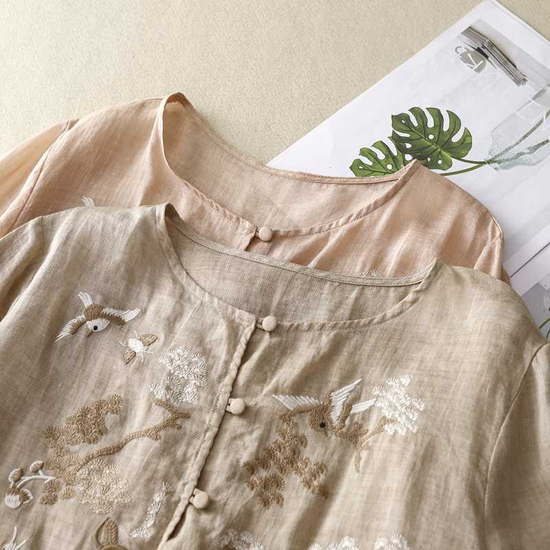 Camisa casual bordada para mujer de algodón y lino