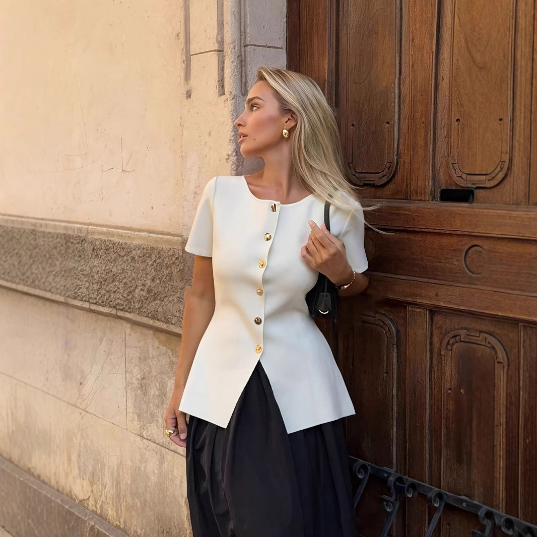 Naisten Pyöreä Pääntie Metallinapeilla Yksivärinen Lyhythihainen