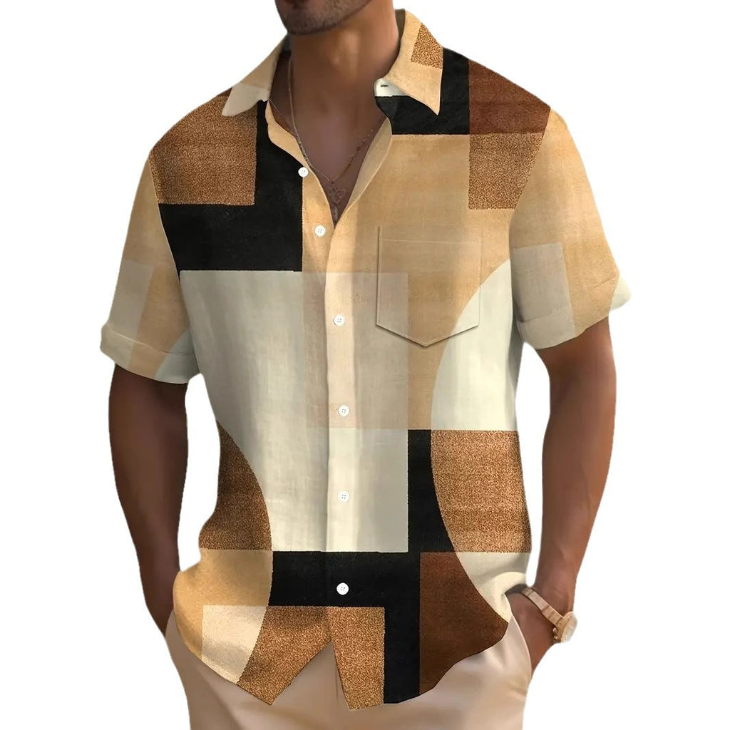 Camisa clásica retro geométrica de contraste de color con estampado 3D cuadrado